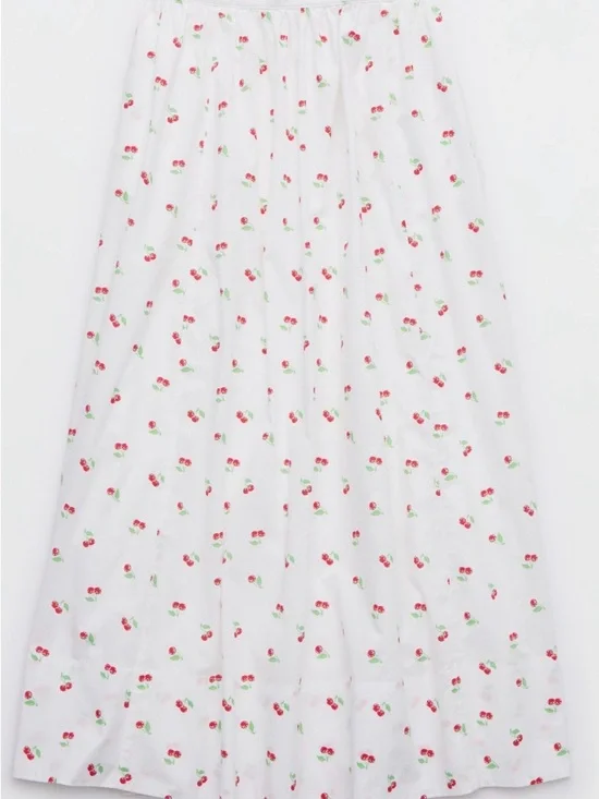 Aerie The New Essentials White Cherry Print Midi Skirt NWT - Picture 2 of 6
